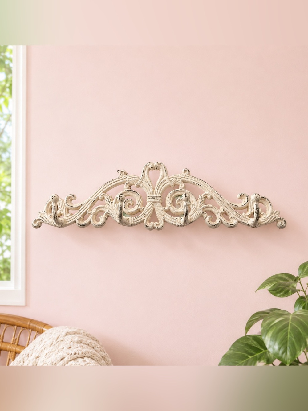 Vintage Sungmor Victorian Style Cast Iron Wall Plaque Shelf w/ hooks 16” boho